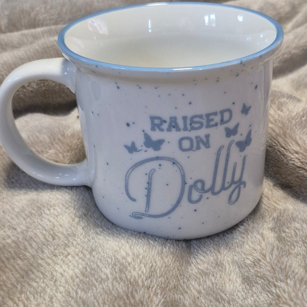 Dolly Parton Raised on Dolly Blue Speckled Ceramic Coffee Mug Butterfly NWOT